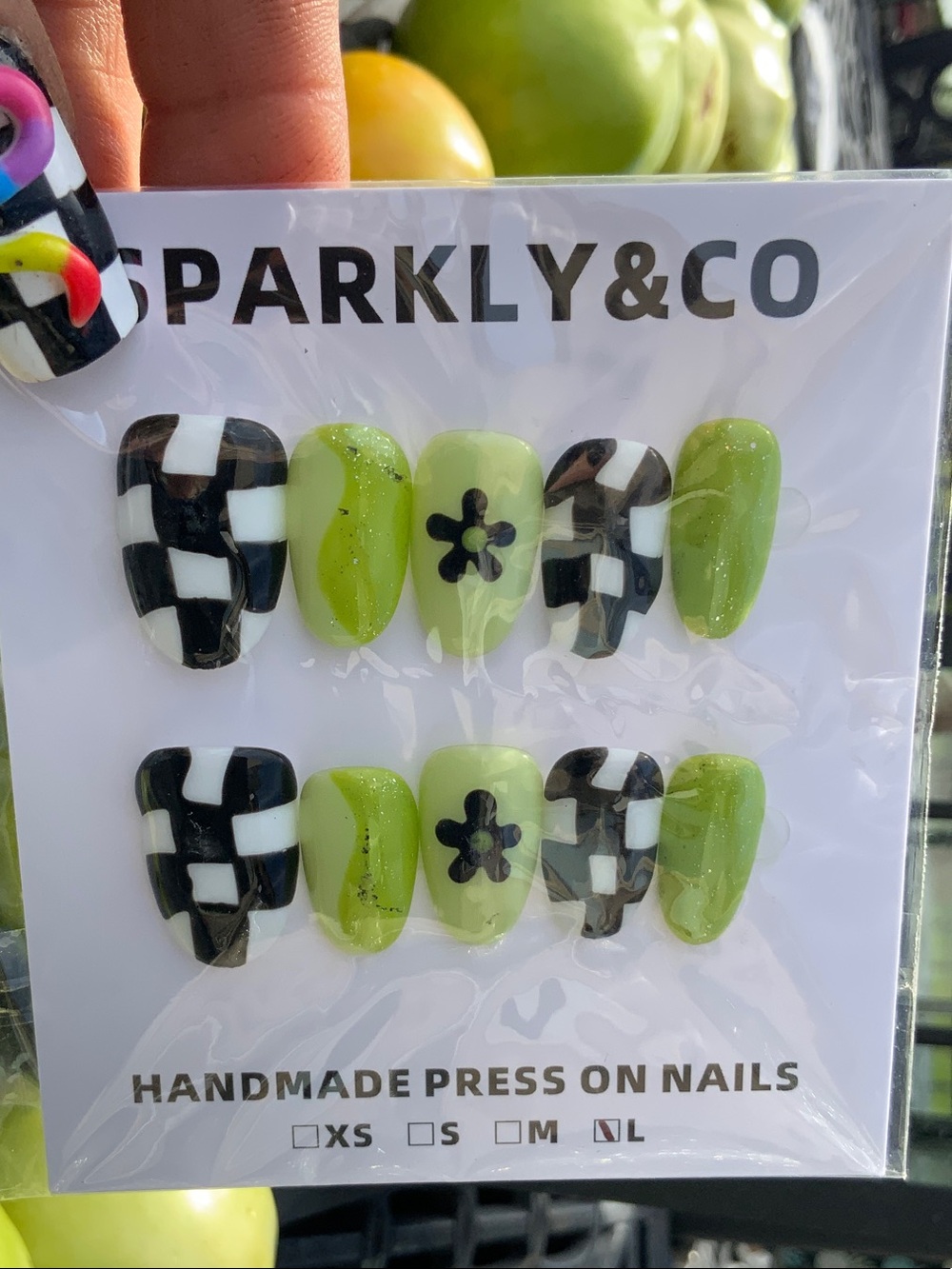 Lime Green Checkerboard & Floral Press-On Nails